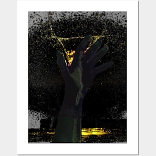 Digital collage and special processing. Hand reaching stars. Monster or great friend. Gold drops, dark hand. Posters and Art